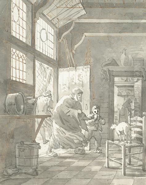 A Kitchen Interior With An Old Woman And A Young Boy Entering By The Door; A Courtyard, A Pair Oil Painting by Gerrit Lamberts