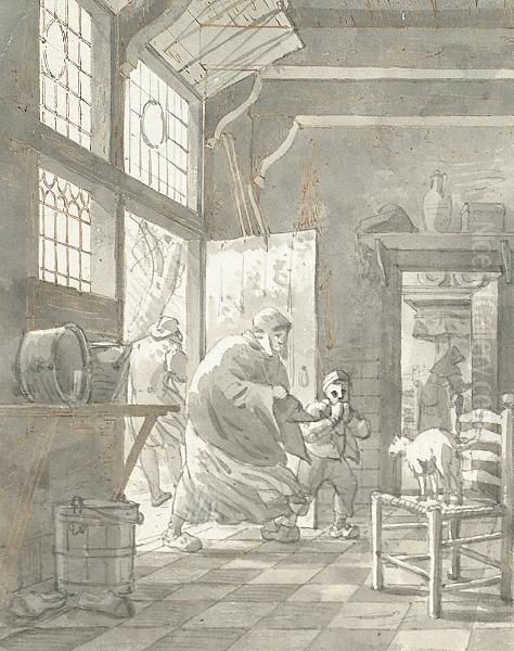 A Kitchen Interior With An Old Woman And A Young Boy Entering By The Door; A Courtyard Oil Painting by Gerrit Lamberts