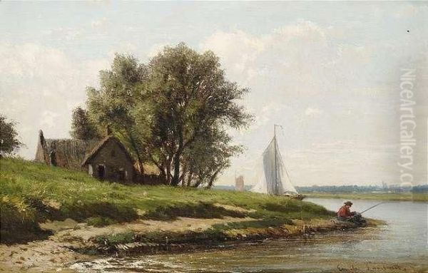 Extensiveriver Landscape With A Small Farm House And An Angler. Oil Painting by Emile Charles Lambinet