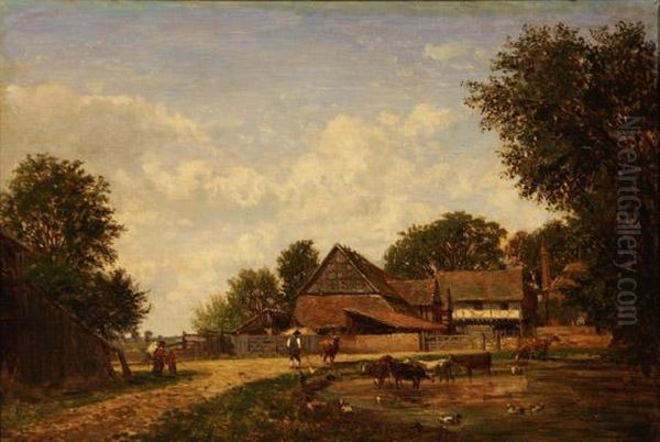 Barnyard Scene With Farmers And Cows Oil Painting by Emile Charles Lambinet