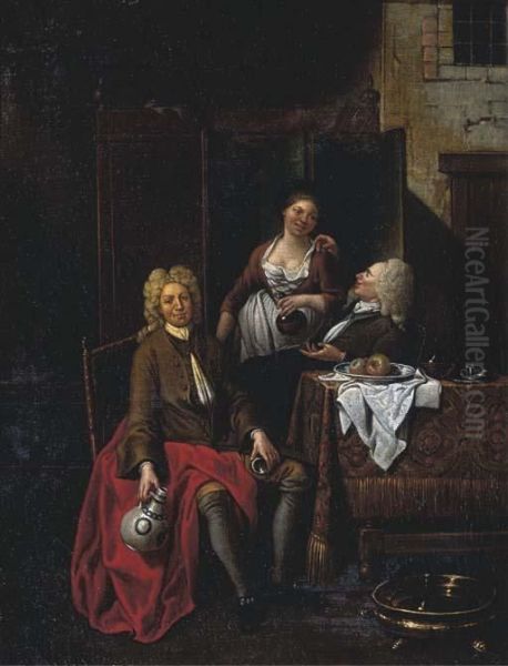 Two Gentlemen Seated At A Table, With Female Company Oil Painting by Jean Baptiste Lambrecht