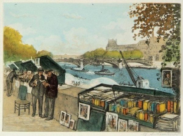 Paris, Le Quai Malaquais (bouquinistes) Oil Painting by William Adolphe Lambrecht