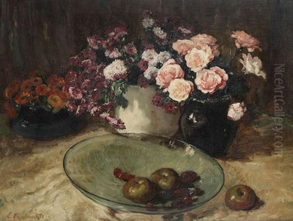 Stilleven Met Bloemen En Fruitschaal Oil Painting by Emile Lambrechts