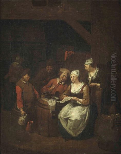 Interior Of A Tavern With Boors Carousing Oil Painting by Jan Baptist Lambrechts