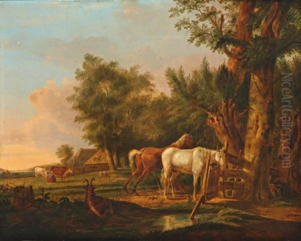 Weide Met Rustende Paarden Bij Een Hek Oil Painting by Arie Johannes Lamme