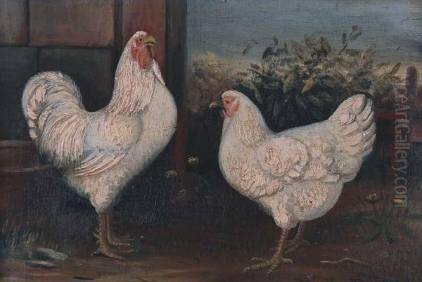 Witte Haan En Hen Oil Painting by Wilhelmus Albertus Lammers