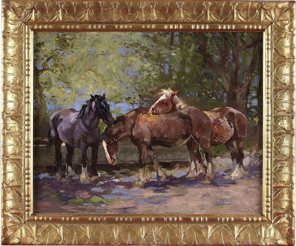 Horses By A Water Trough Oil Painting by William Bradley Lamond