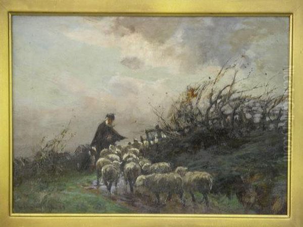 Shepherd And Flock Ona Storm Lashed Byeway Oil Painting by William Bradley Lamond