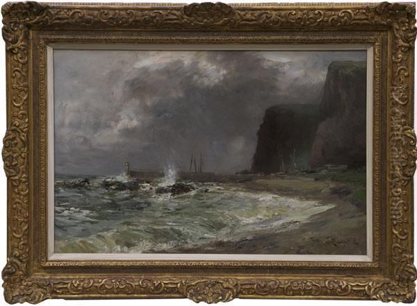 Stormy Seas At Shore, 
Auchmithie, 
Angus Oil Painting by William Bradley Lamond