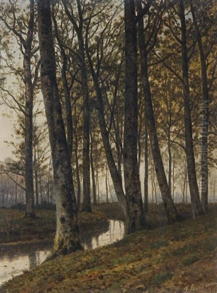 Autumnal River Landscape Oil Painting by Jean-Pierre-Francois Lamoriniere