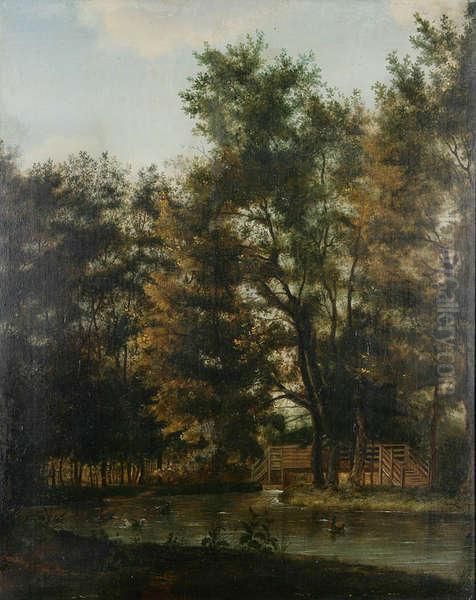 Parkgezicht Met Eendjes Bij Houten Brug. Oil Painting by Jean-Pierre-Francois Lamoriniere