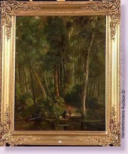 Les Lavandieres En Foret Oil Painting by Jean-Pierre-Francois Lamoriniere