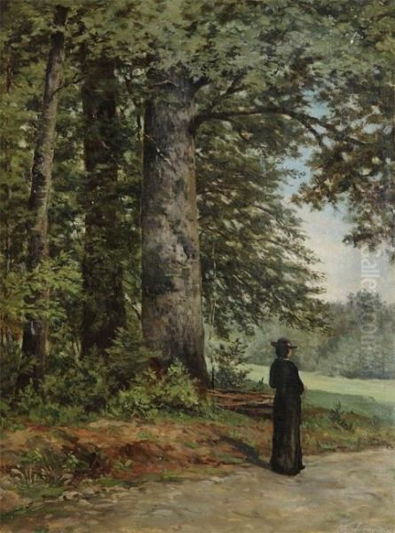 Woman In Black At The Fringe Of The Woods Oil Painting by Jean-Pierre-Francois Lamoriniere