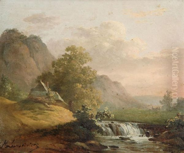 Mountainous Landscape With House Near A Waterfall Oil Painting by Jean-Pierre-Francois Lamoriniere