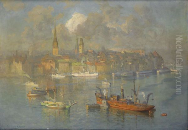 Utsikt Over Gamla Stan Fran Soder - Stockholm Oil Painting by Gunnar Lampa