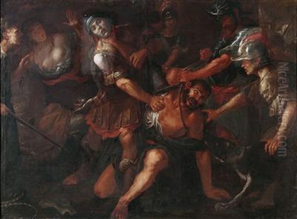 Samson Escaping From Ropes Binding Him; The Blinding Of Samson By The Philistines Oil Painting by Giovanni Battista Lampugnani