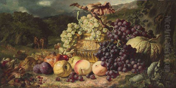 Still Life With Fruit In A Landscape, A Hunting Party Beyond Oil Painting by George Lance