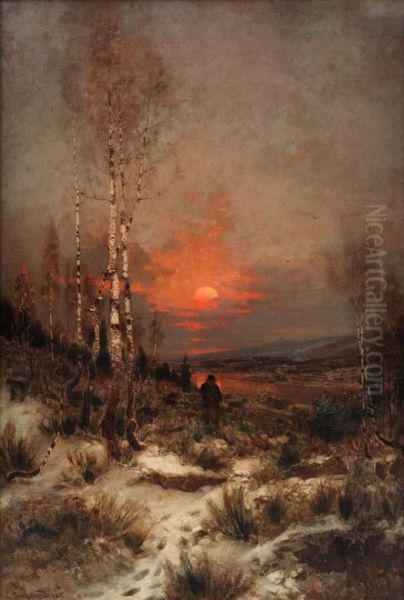 Abendliche Winterlandschaft Mit Einem Jager Oil Painting by Ludwig Lanckow