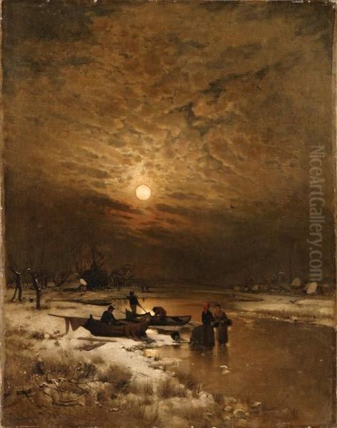 Winter By The River Oil Painting by Ludwig Lanckow