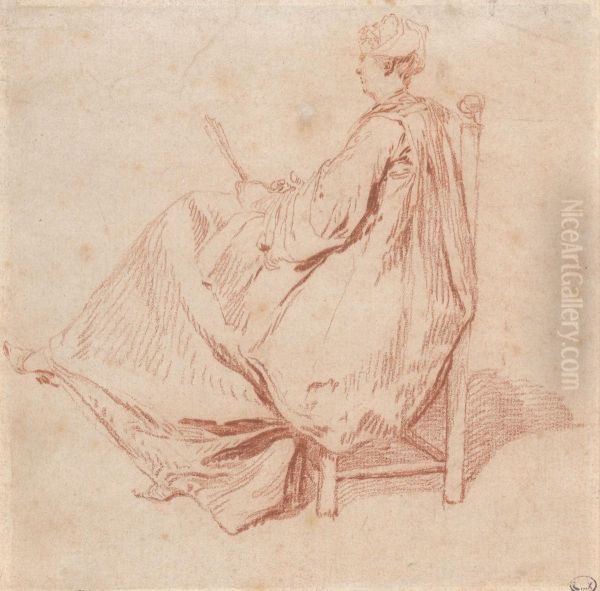 A Seated Woman With A Fan Oil Painting by Nicolas Lancret