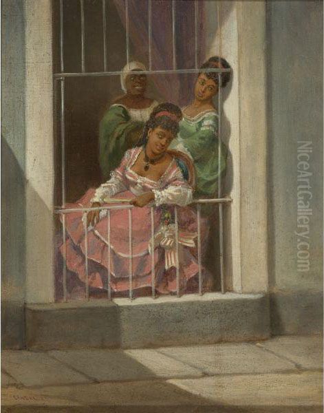 Tipos Populares (damas En La Ventana) Oil Painting by Victor Patricio Landaluze