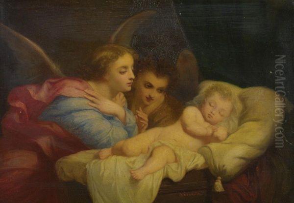 Angels Adoring The Christ Child Oil Painting by Charles Zacharie Landelle