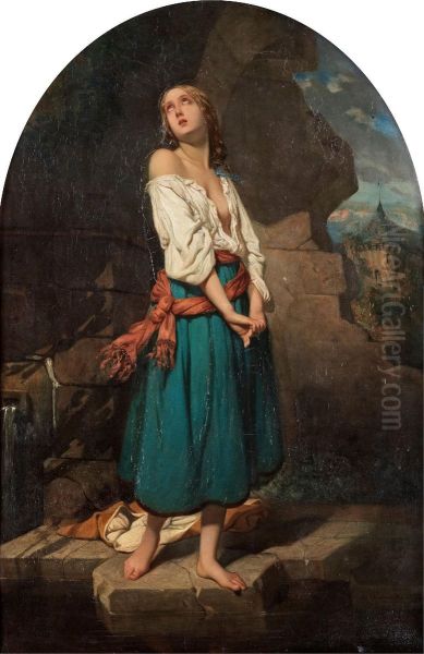 Young Woman In A Landscape Oil Painting by Charles Zacharie Landelle