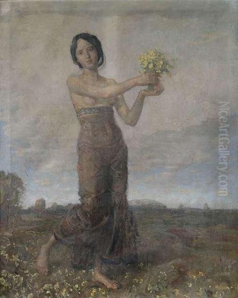 Young Girl With A Bouquet Of Flowers As An Allegory Of Spring Oil Painting by Christian Adam Landenberger