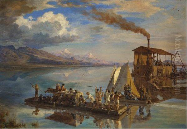 Cruzando El Lago De Texcoco Con Volcanes Oil Painting by Eugenio Landesio