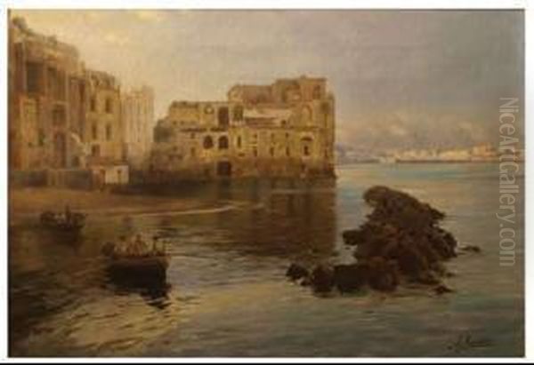 Paesaggio Marino Con Veduta Di Napoli E Pescatori Oil Painting by Andrea Landini