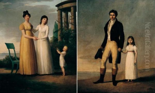 Portrait Of A Gentleman, Together With His Daughter, In An Open Landscape Oil Painting by Charles Paul Landon