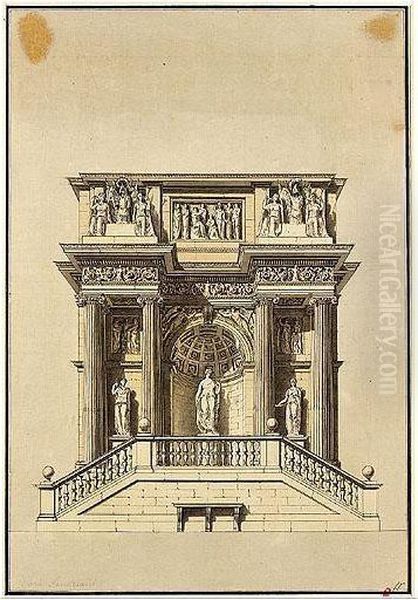 Design For A Classical Monument With Statues, Central Niche, Four Ionic Columns, And Elaborate Architrave Oil Painting by Paolo Landriani