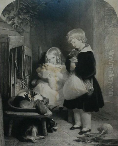 Children With Pet Rabbits Oil Painting by Thomas Landseer