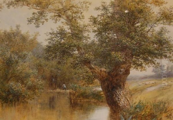 Fisherman On The Banks Of A Rural River Oil Painting by Albert Lane