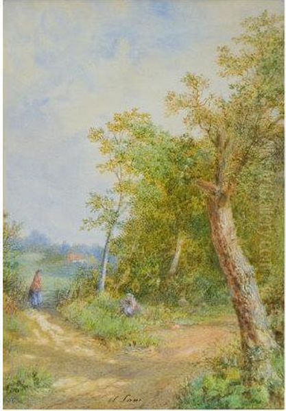 Country Lanewith Cottage In Distance, Woman Picking Flowers by Albert Lane