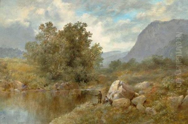 Flusslandschaft Mit Fischern. Oil Painting by Albert Lane