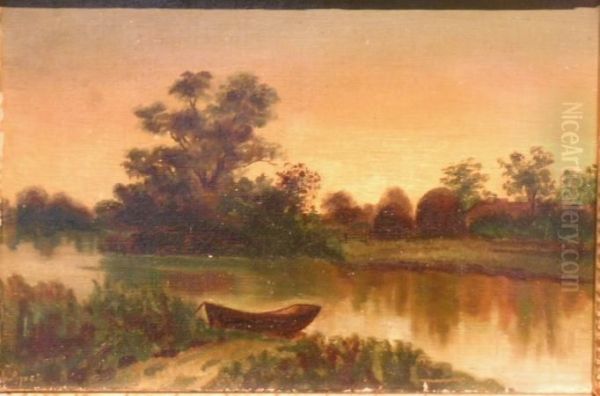 River Scene With Boat Oil Painting by Emma Lane