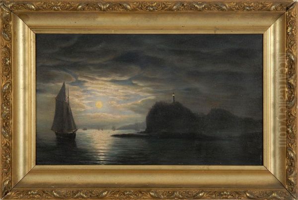 Owl's Head Lighthouse, Maine Under Moonlight Oil Painting by Fitz Hugh Lane