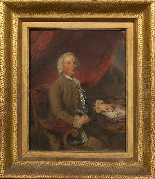 A Portrait Of William Turnor, Seated At A Writing Table, With Red Curtain Beyond Oil Painting by Samuel Lane