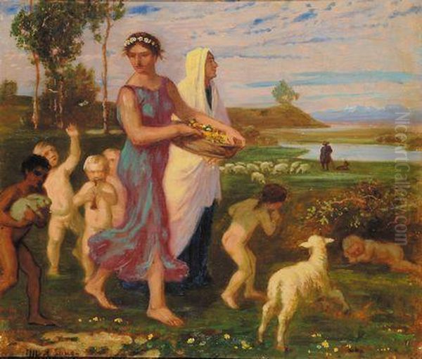 Flora Con Putti Oil Painting by Albert Lang