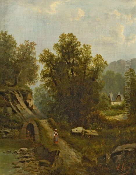 Landschaft Mit Brucke Oil Painting by Albert Lang