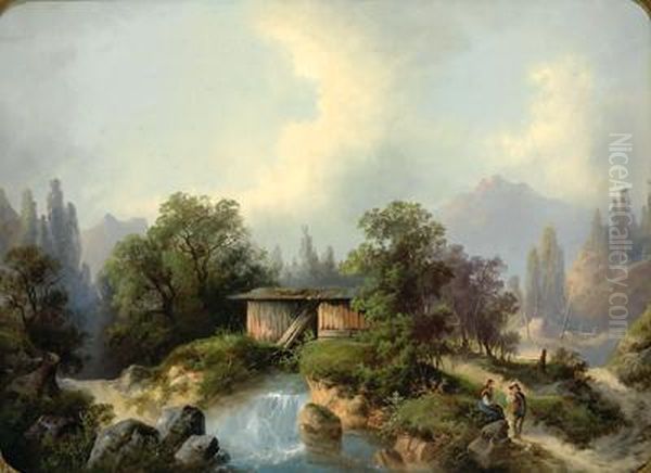 Gebirgslandschaft Mit Wildbach Oil Painting by August Lang