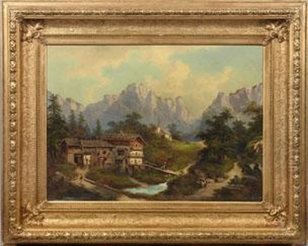 Hochalpenlandschaft Mit Gehoft Und Kapelle Oil Painting by August Lang