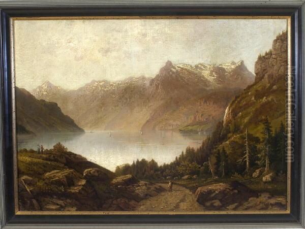 Blick Uber Den Konigssee Mit Personenstaffage Und Einigen Booten Oil Painting by August Lang