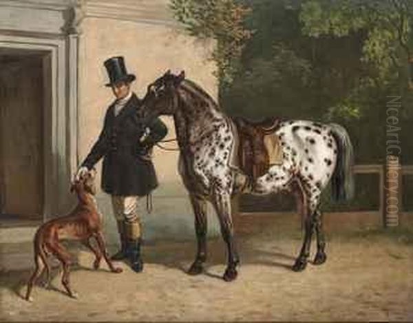 A Huntsman With His Dog And A Piebald Pony Oil Painting by H.F. Lang