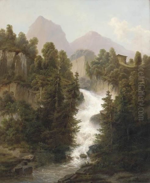 An Alpine Waterfall Oil Painting by H.F. Lang