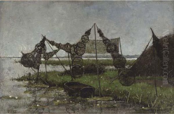 Drying The Fish-traps Oil Painting by Adolf Lange