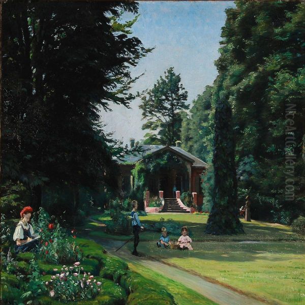 The Danish Politician Holger Hammerichs Children Playing In A Villa Garden At Strandboulevarden, Denmark Oil Painting by Frederik Lange