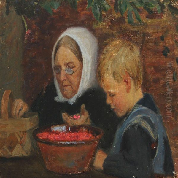 Interion With Woman And Child Oil Painting by Frederik Lange