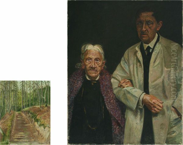 Forest Scenery And Portrait Of Aage Thune Jacobsen With Hismother Vilhelmine Oil Painting by Frederik Lange